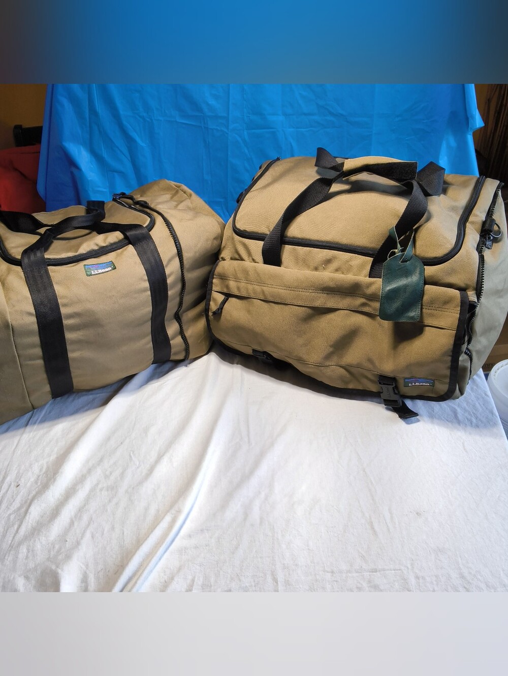 Vintage L.L. Bean Brown Canvas Duffle Bags Weekender Travel Gear Retro Blue Logo - Picture 3 of 16